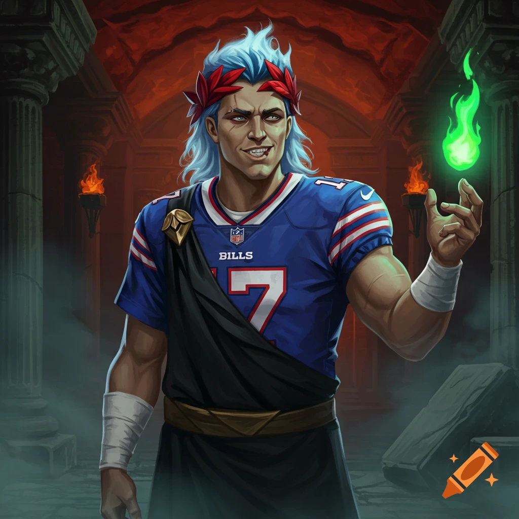 Fantasy art of Zagreus from Hades in a Buffalo Bills #7 jersey and toga, with blue hair, a red laurel, holding green fire in an underworld setting.