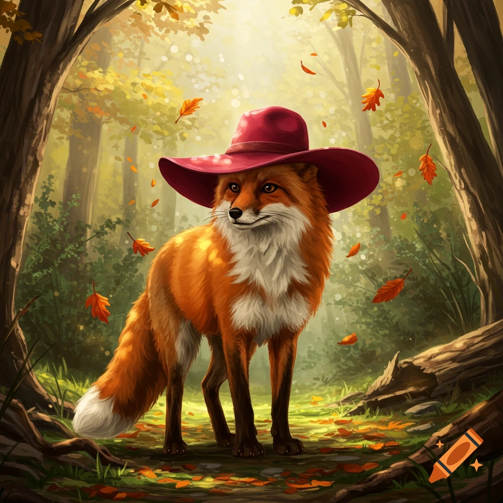 An illustrated red fox wearing a wide-brimmed red hat stands in a sunlit autumn forest with falling leaves.