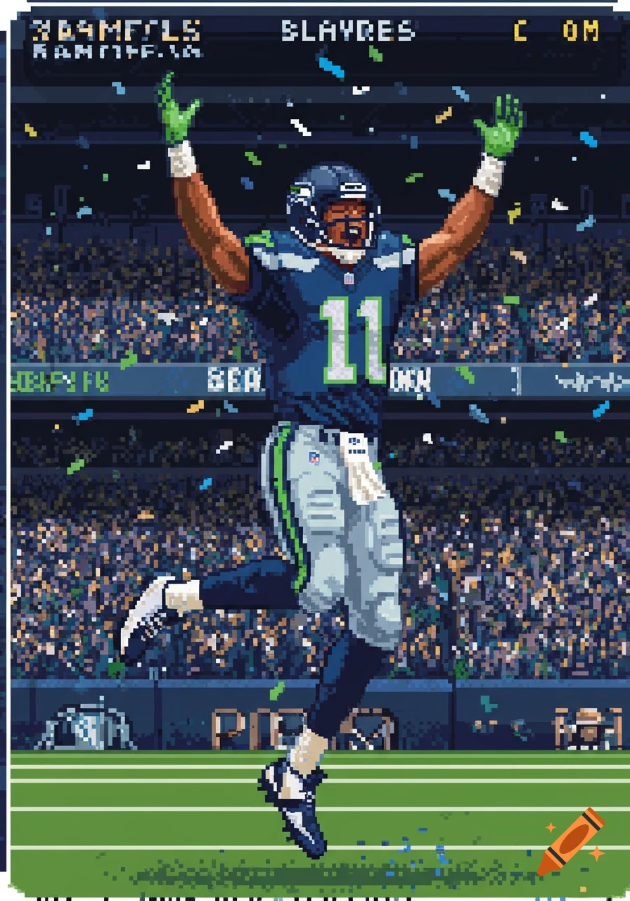Pixel art of a Seattle Seahawks football player in a blue and green uniform, number 11, celebrating with arms raised in a stadium with confetti.