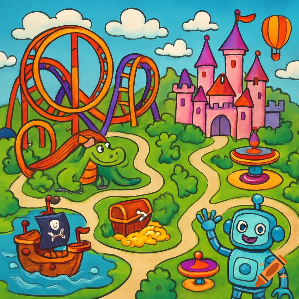 A colorful, cartoony map of a theme park with a roller coaster, a pink castle, a green dragon, a blue robot, and a pirate ship.