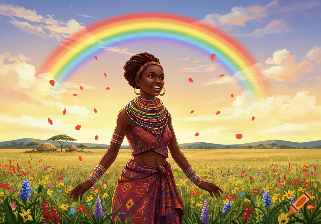 A vibrant image of a joyful African woman in traditional dress, standing in a field of wildflowers under a rainbow with falling rose petals.