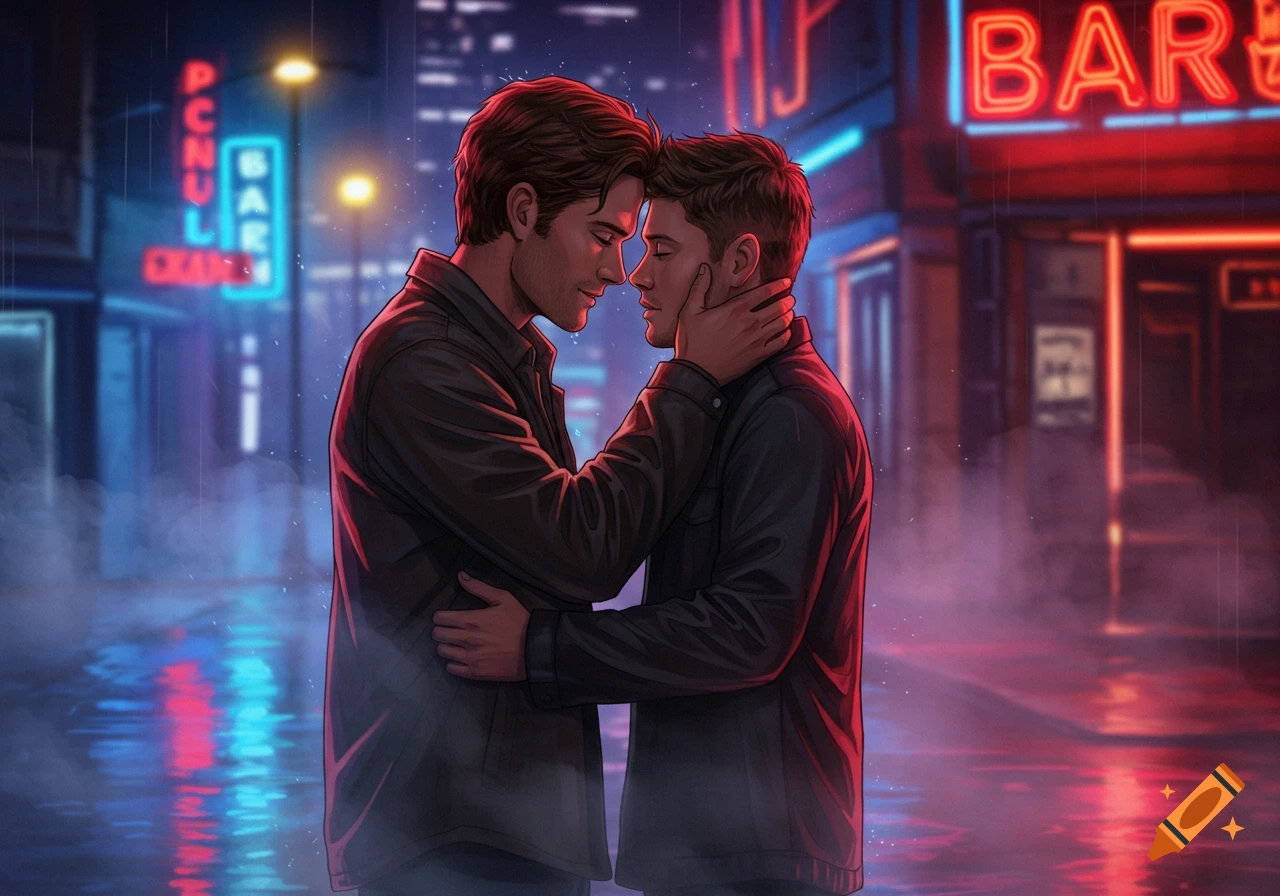 Two men embrace lovingly on a rainy city street at night, illuminated by glowing neon signs, in a digital art style.