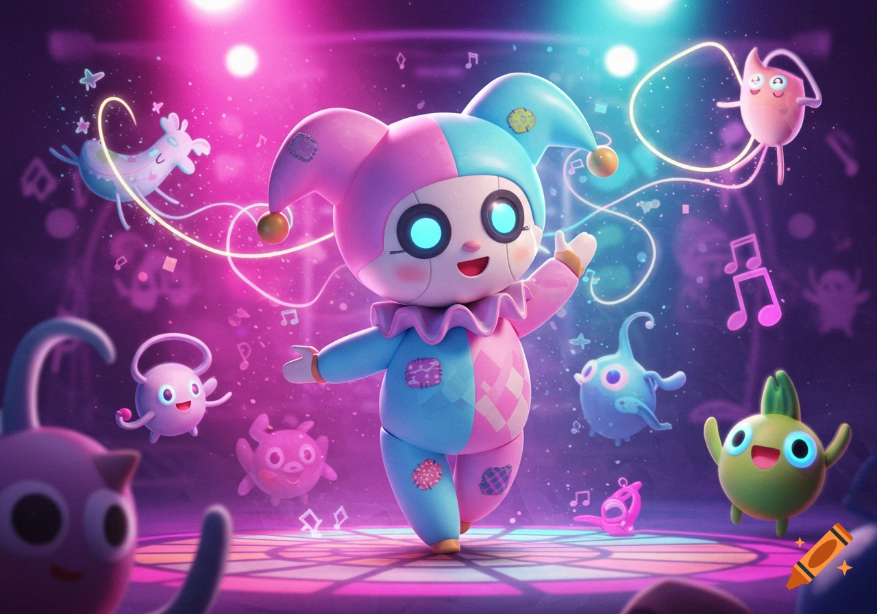 A cute 3D robotic harlequin dances in a vibrant neon vaporwave rave with small floating creatures and musical notes.