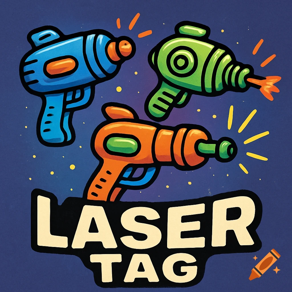 A cartoon illustration of three colorful laser tag guns, blue, green, and orange, on a dark blue starry background with the text "LASER TAG" at the bottom.