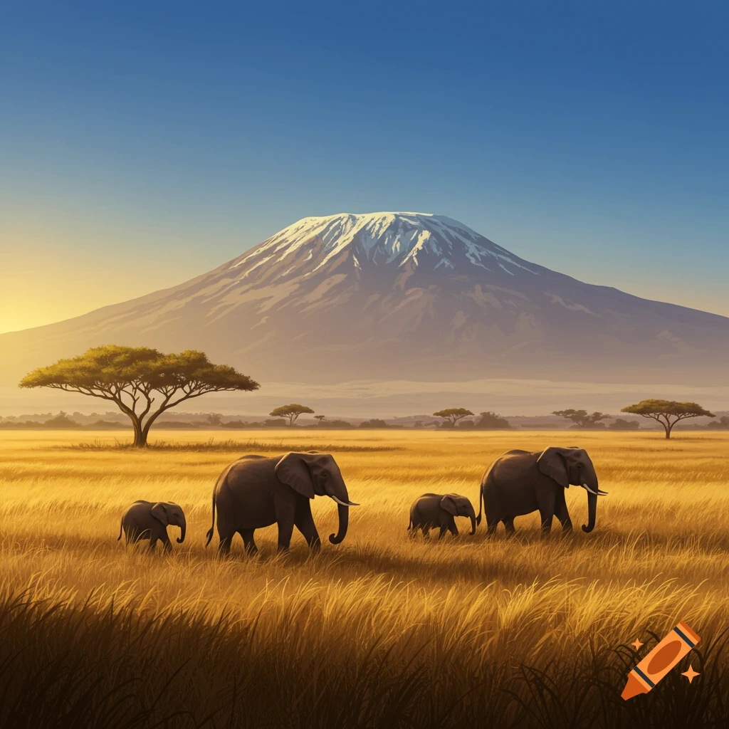 Elephants walk through a golden savanna with acacia trees and a snow-capped mountain under a clear sky, digital art.