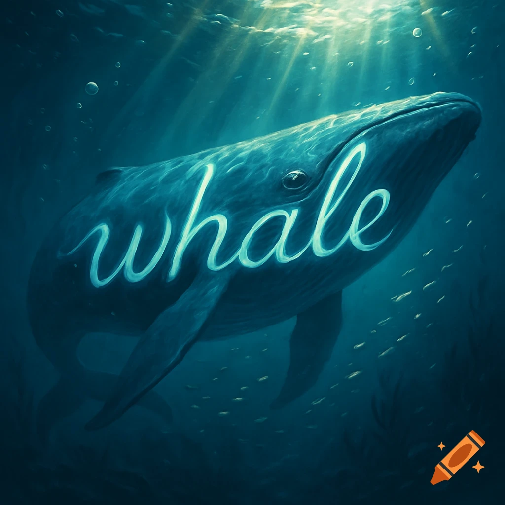 A large whale swims underwater with light rays, the word "whale" glowing on its side in a digital art style.