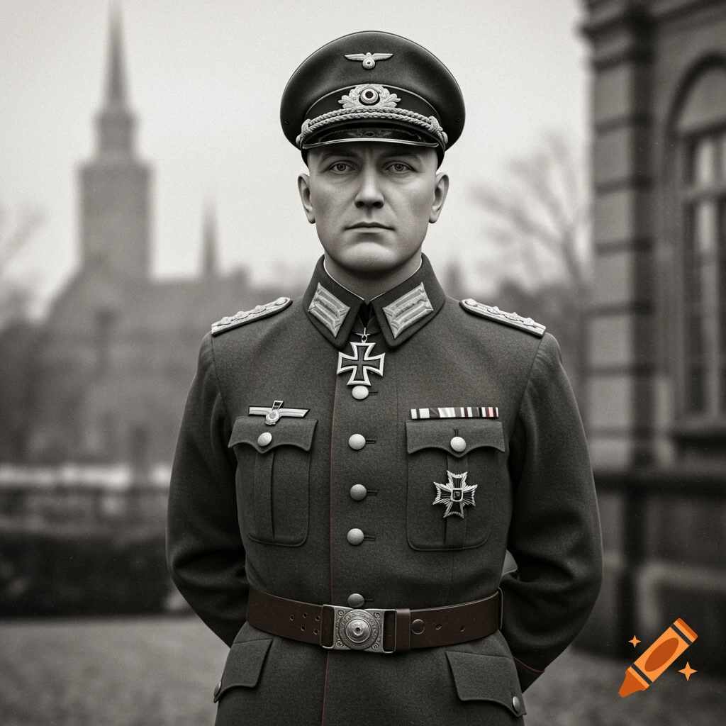 A stoic black and white photorealistic portrait of a German Empire military officer in uniform, standing outdoors.
