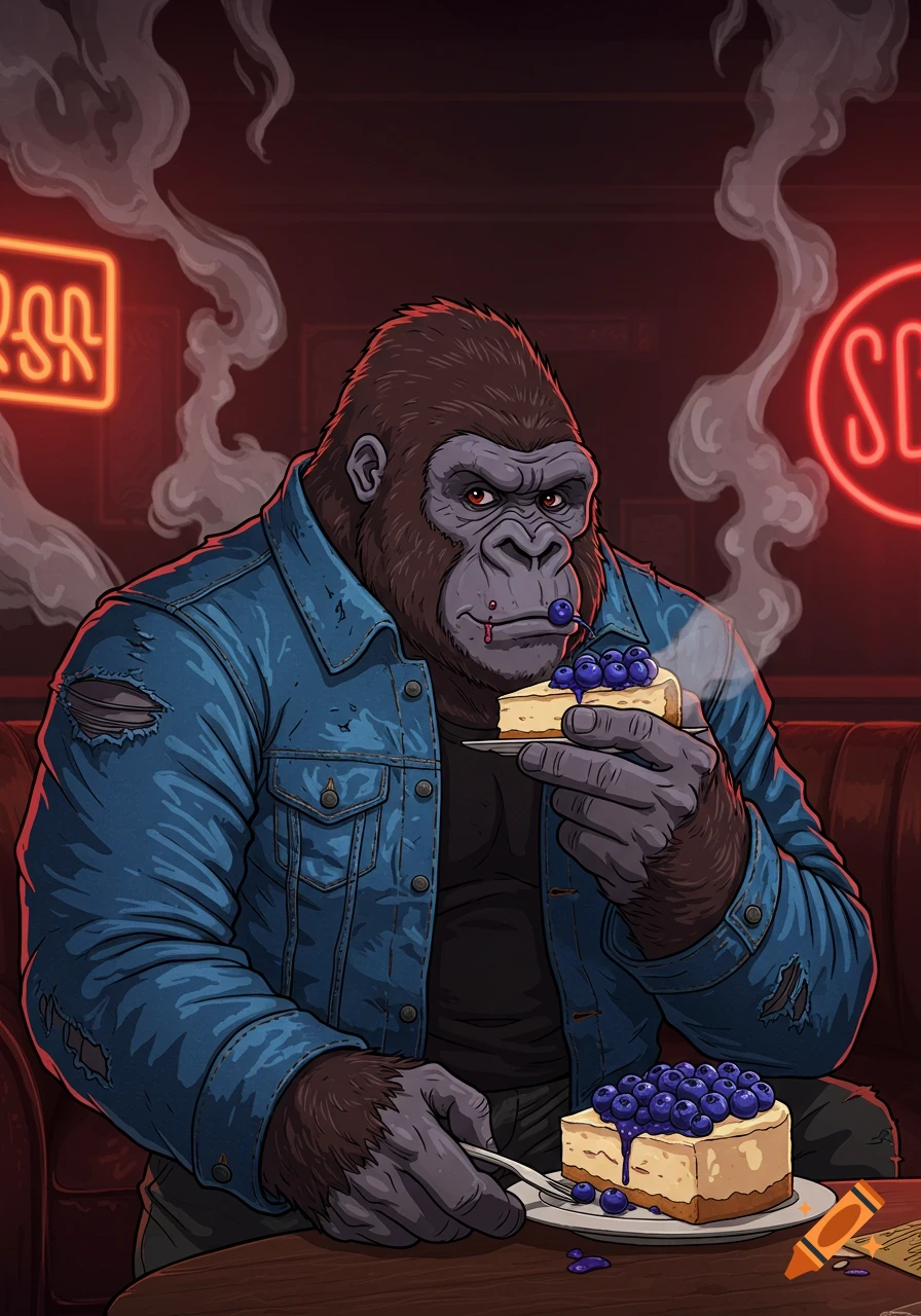A cartoon gorilla in a denim jacket eats blueberry cheesecake in a smoky, neon-lit room.