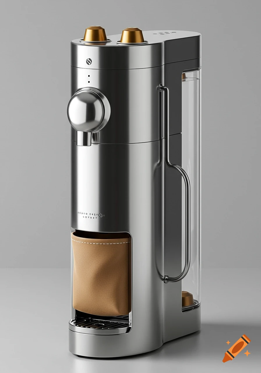 A sleek, modern silver coffee machine with gold pods, a beige fabric bag, and a clear water reservoir on a gray background.