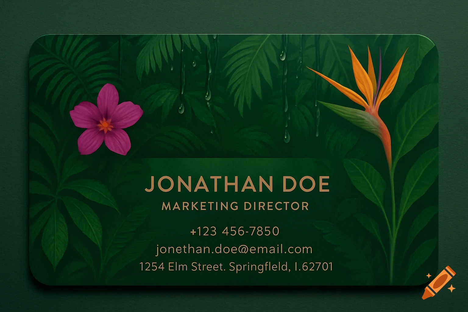 A dark green business card with a tropical rainforest theme, featuring pink and orange flowers, green leaves, water droplets, and contact information.