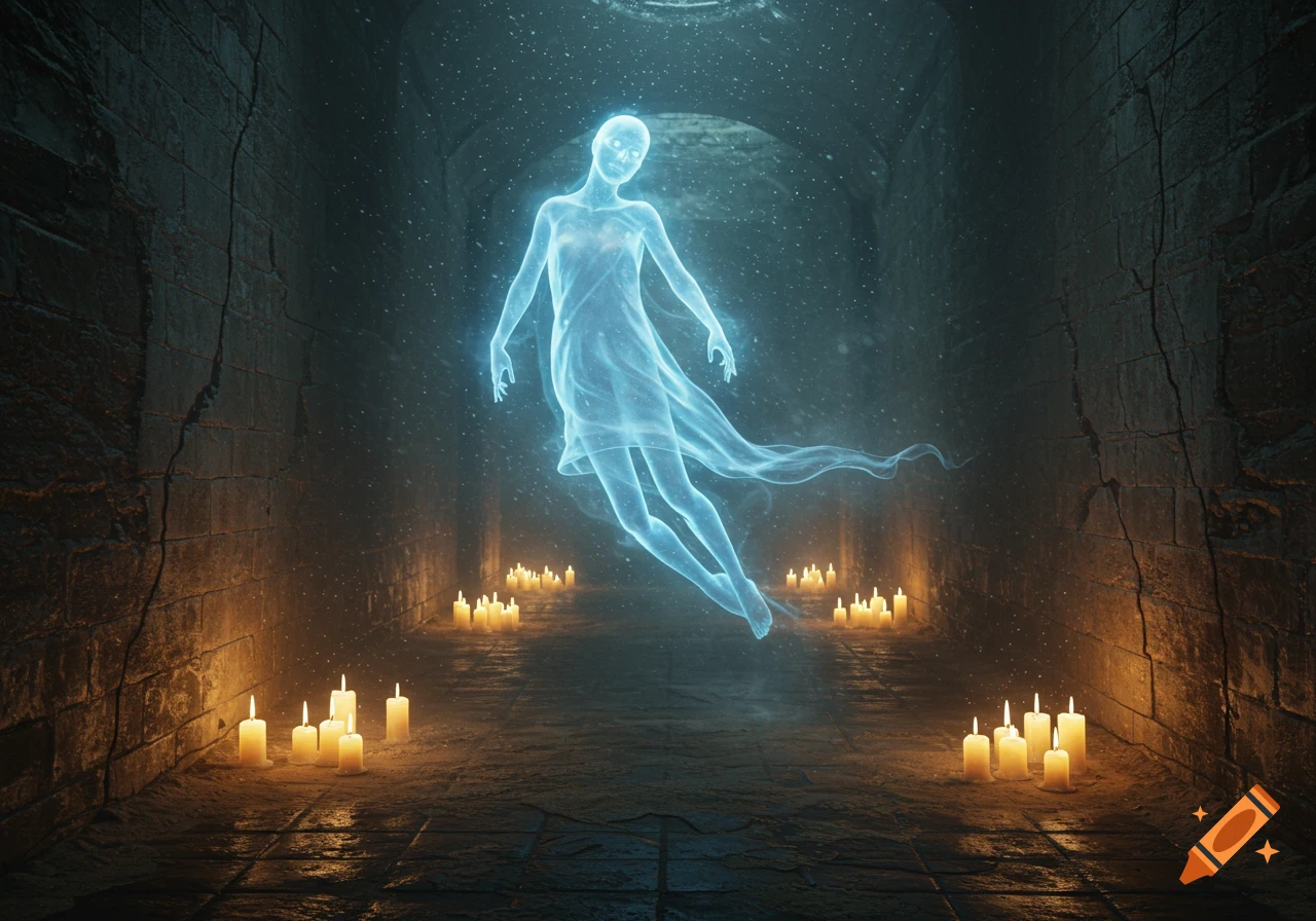 A blue ethereal ghost floats in a dark stone tunnel lit by many glowing candles.