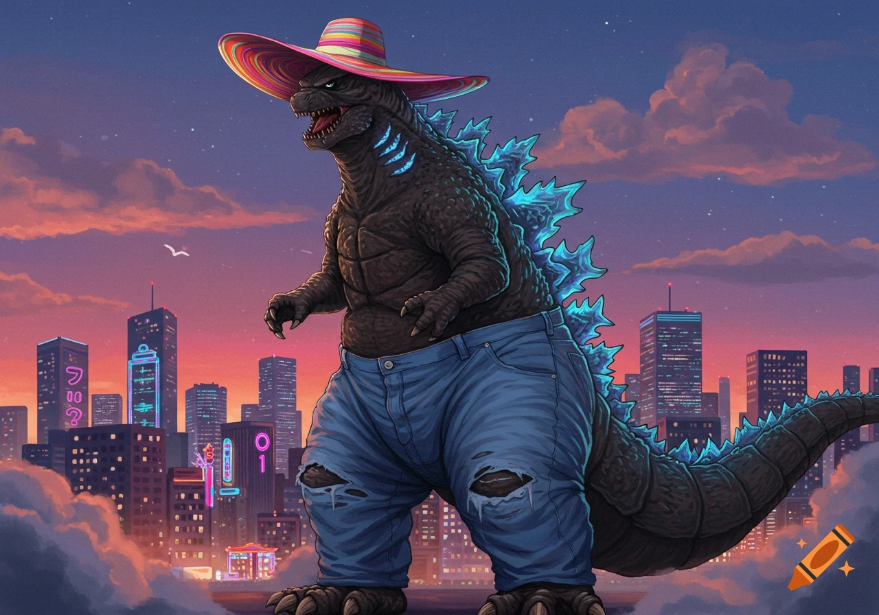 Godzilla wearing a colorful striped hat and ripped jeans stands in a vibrant cityscape at sunset, looking grumpy.