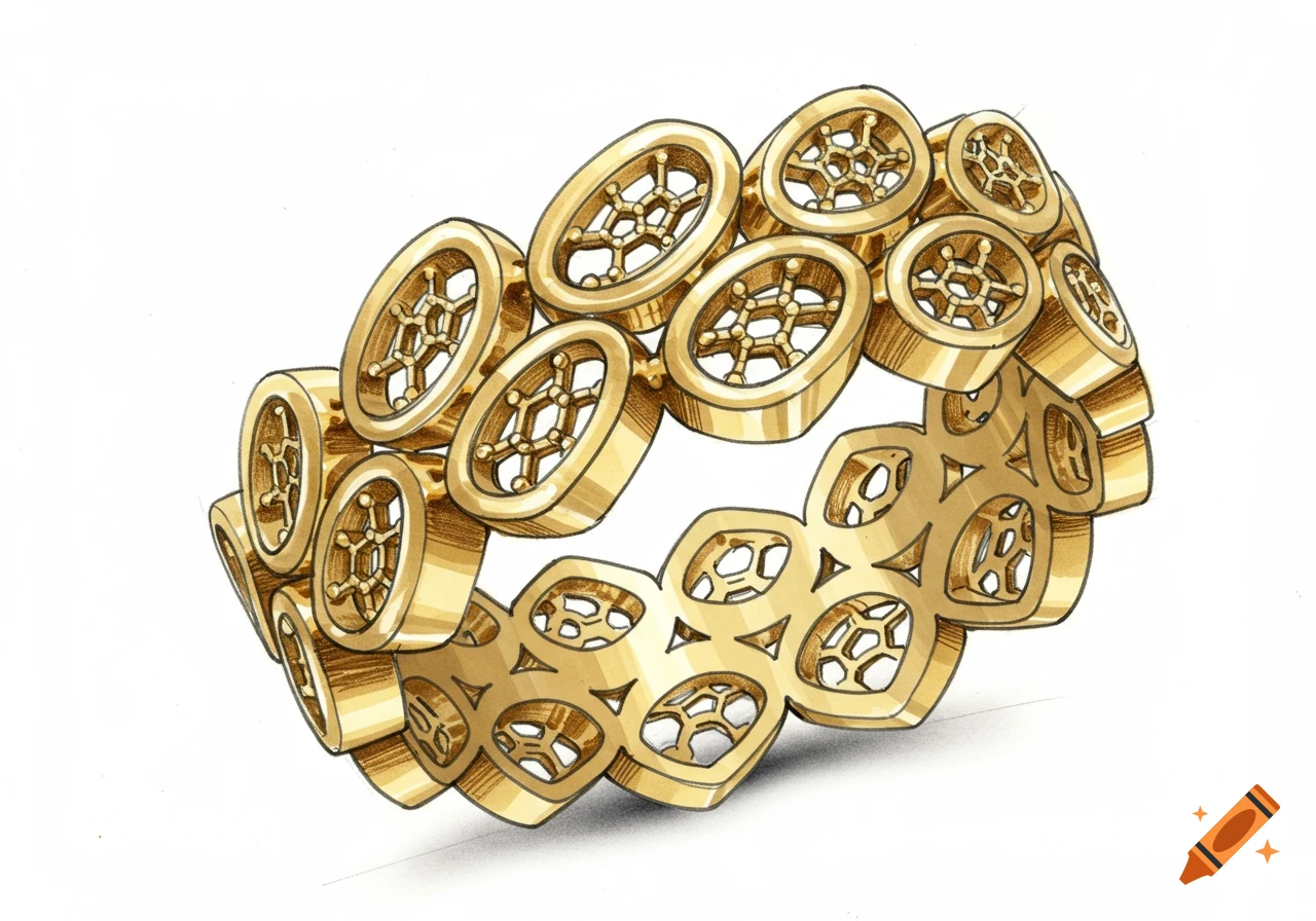 Elegant gold ring design with repeating oval and geometric openwork patterns, rendered as a detailed jewelry sketch.