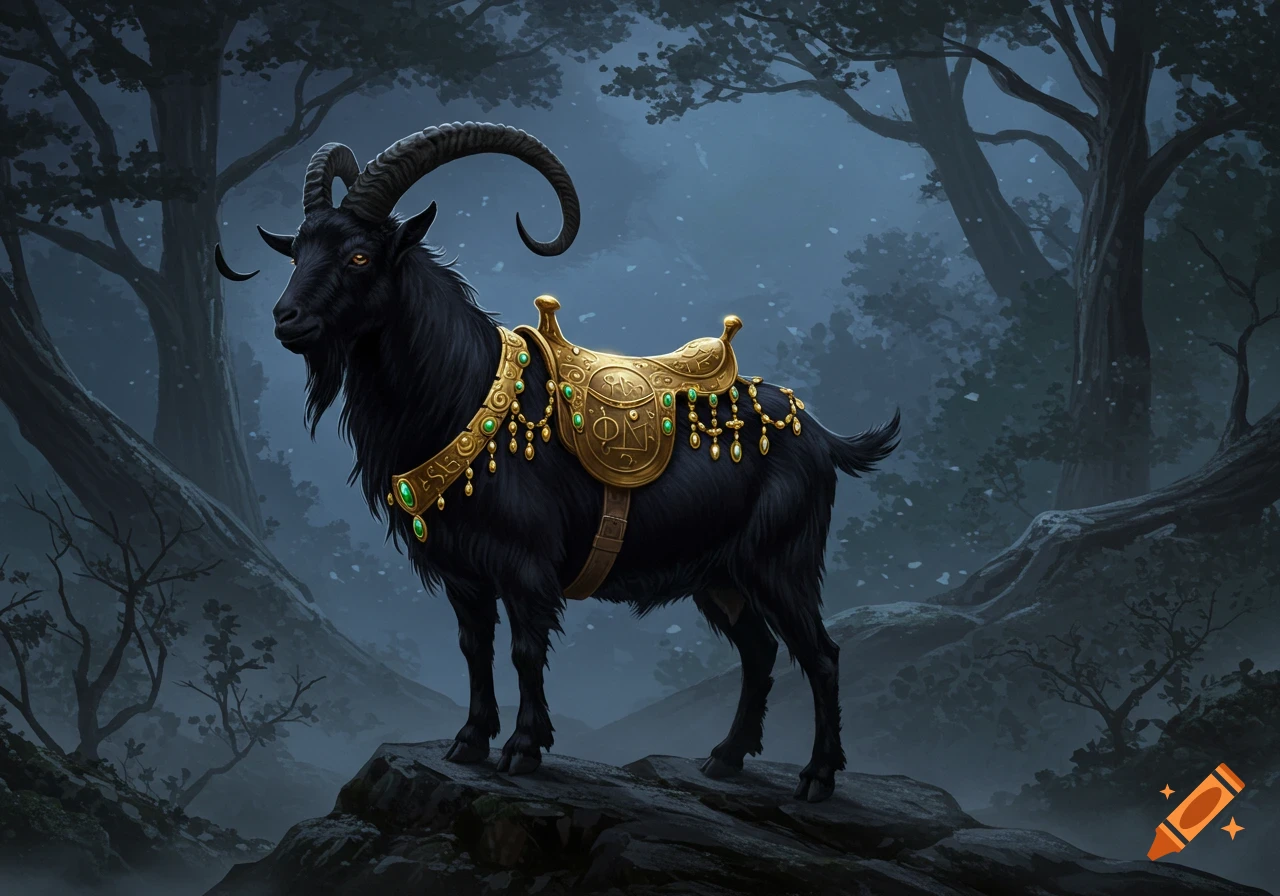 A black goat with curled horns stands on a rock in a misty forest, wearing a gilded saddle with green jewels.