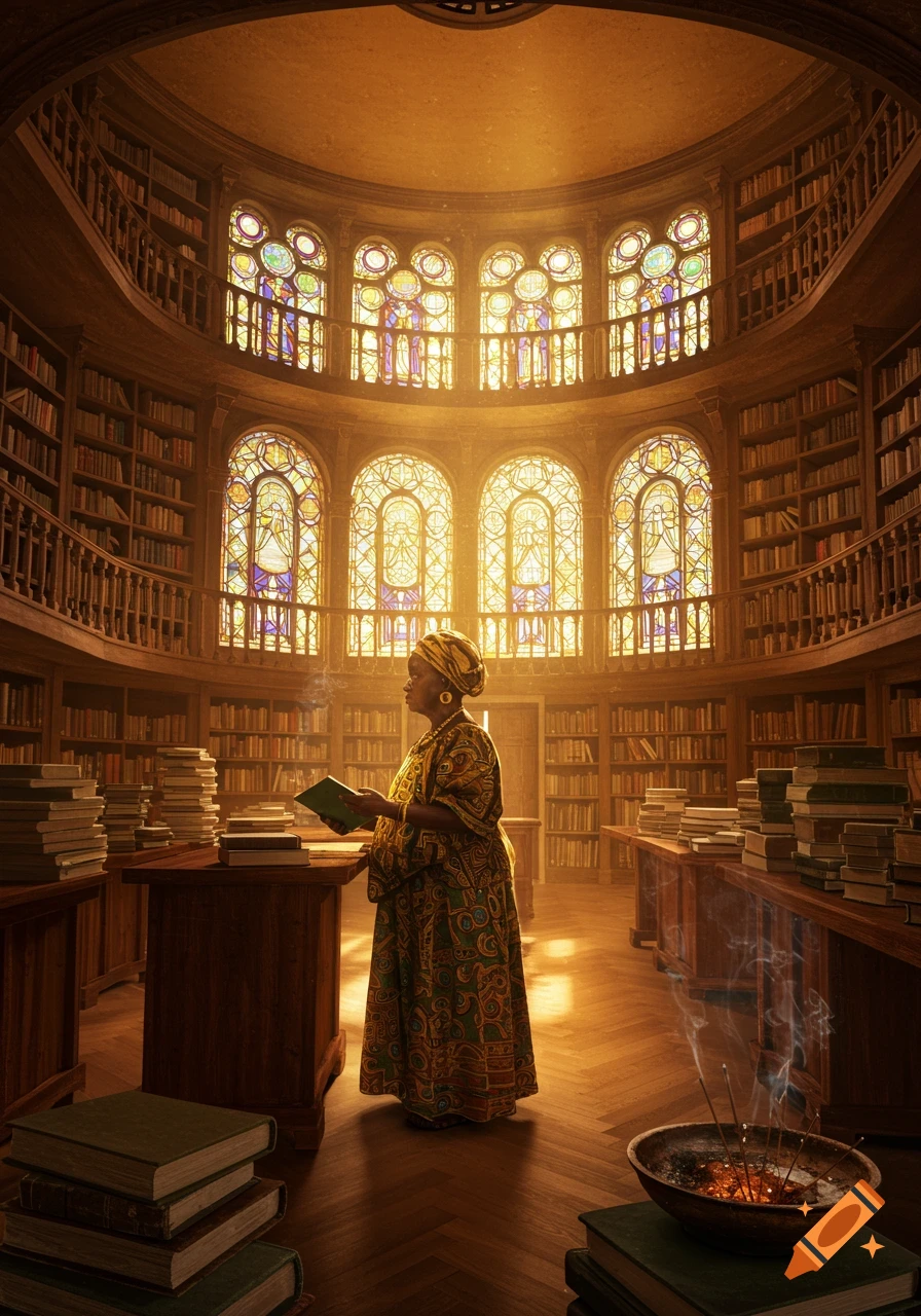A woman in a patterned dress and headwrap reads a book in a grand, sunlit library with stained-glass windows and stacks of books.