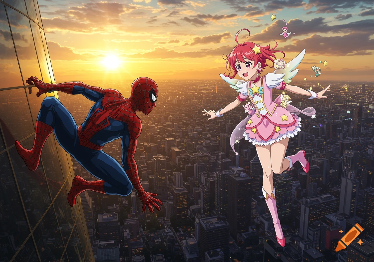 Spider-Man on a skyscraper meets a pink-clad magical girl flying over a city at sunset, anime style.