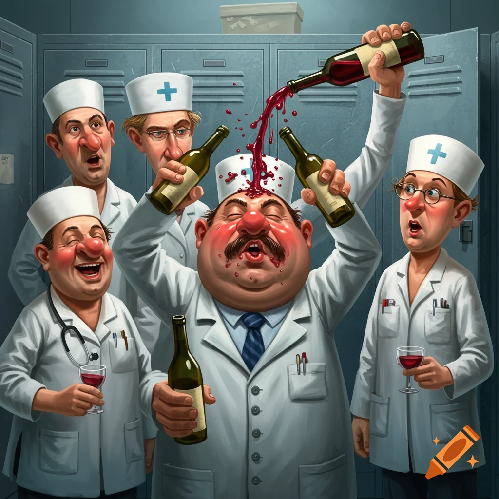 Five cartoonish hospital auxiliaries in a locker room, one has wine poured over his face from two bottles while others drink and laugh.