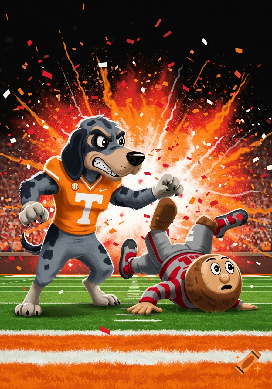 Cartoon illustration of a gray dog mascot in an orange jersey punching a brown nut-shaped mascot on a football field with an explosion.