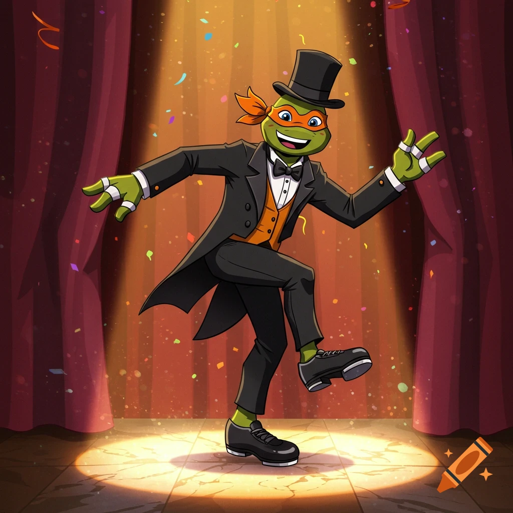 Michaelangelo from TMNT tap dances in a tuxedo and top hat on a spotlighted stage with falling confetti, cartoon style.