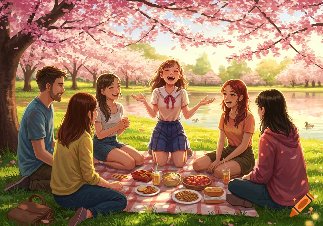 An anime illustration of six friends picnicking under pink cherry blossom trees by a lake on a sunny day.