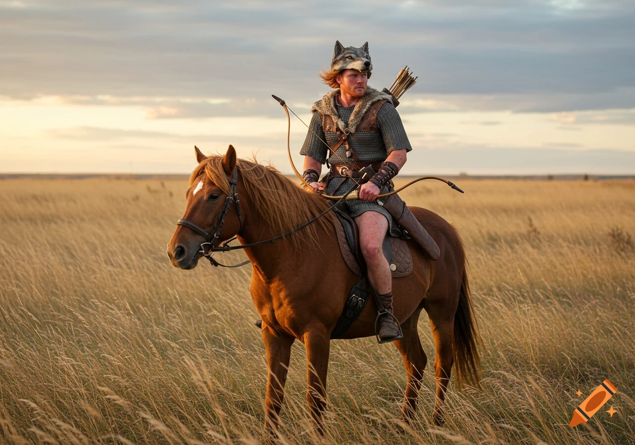 A man in chainmail and a wolf-head hat rides a horse with a bow and quiver through a golden field at sunset.