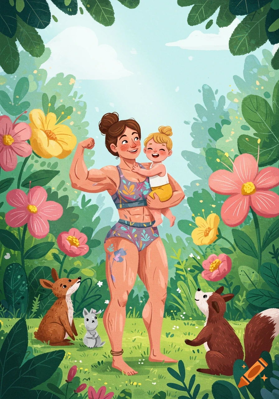 A muscular woman holding a laughing baby in a vibrant forest with flowers and animals, in a whimsical illustration style.