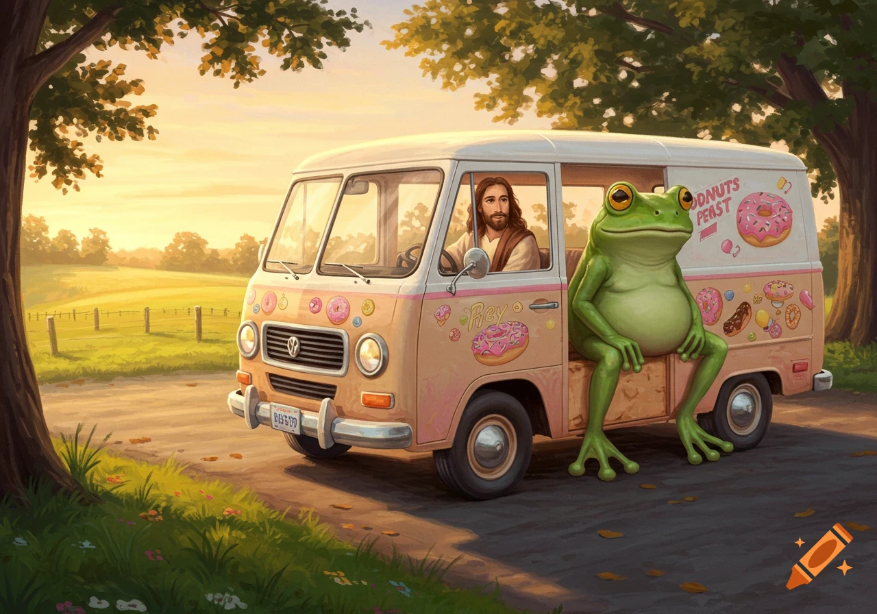 Jesus drives a vintage donut van with a large frog riding shotgun, in a vibrant, painterly outdoor scene at sunset.