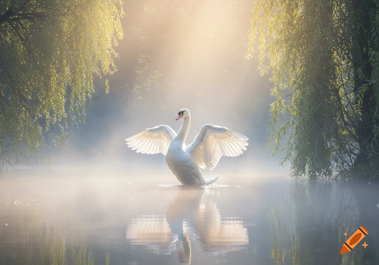 A majestic white swan with spread wings stands in misty water, illuminated by golden sunlight through hanging willow branches.