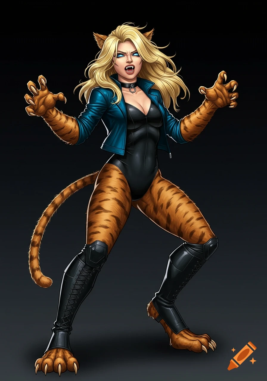 A digital artwork of Black Canary transforming into a snarling werecat with blonde hair, blue eyes, a black leotard, blue jacket, and tiger-striped fur.