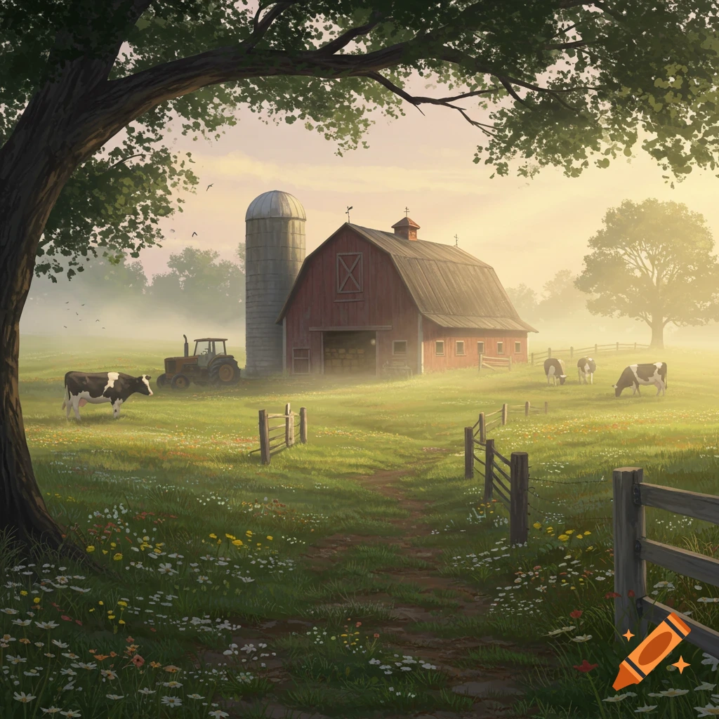 Misty morning farm scene with a red barn, silo, tractor, and cows grazing in a lush green pasture under a large tree.