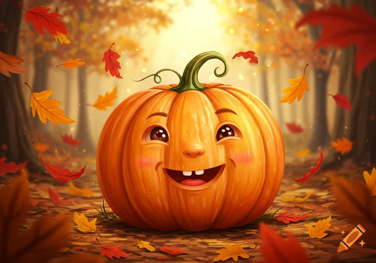 A cute, smiling cartoon pumpkin with a face sits among falling red and orange leaves in an autumn forest.
