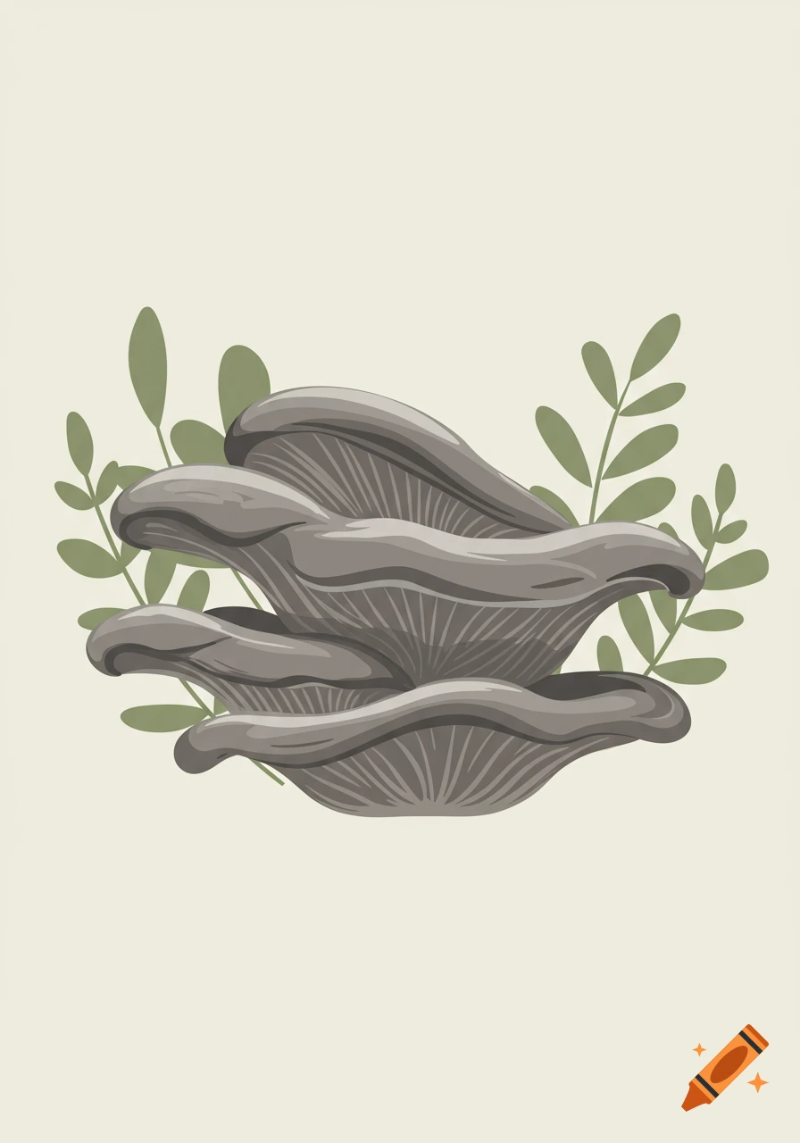 A simple illustration of a cluster of gray oyster mushrooms surrounded by green leaves on a light beige background.