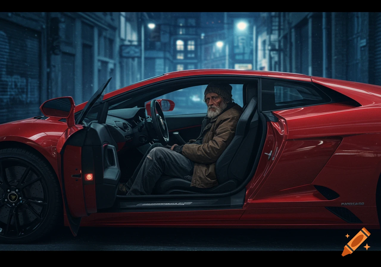 A bearded man in a beanie and ragged clothes sits in a red Lamborghini on a dark city street, side door open.