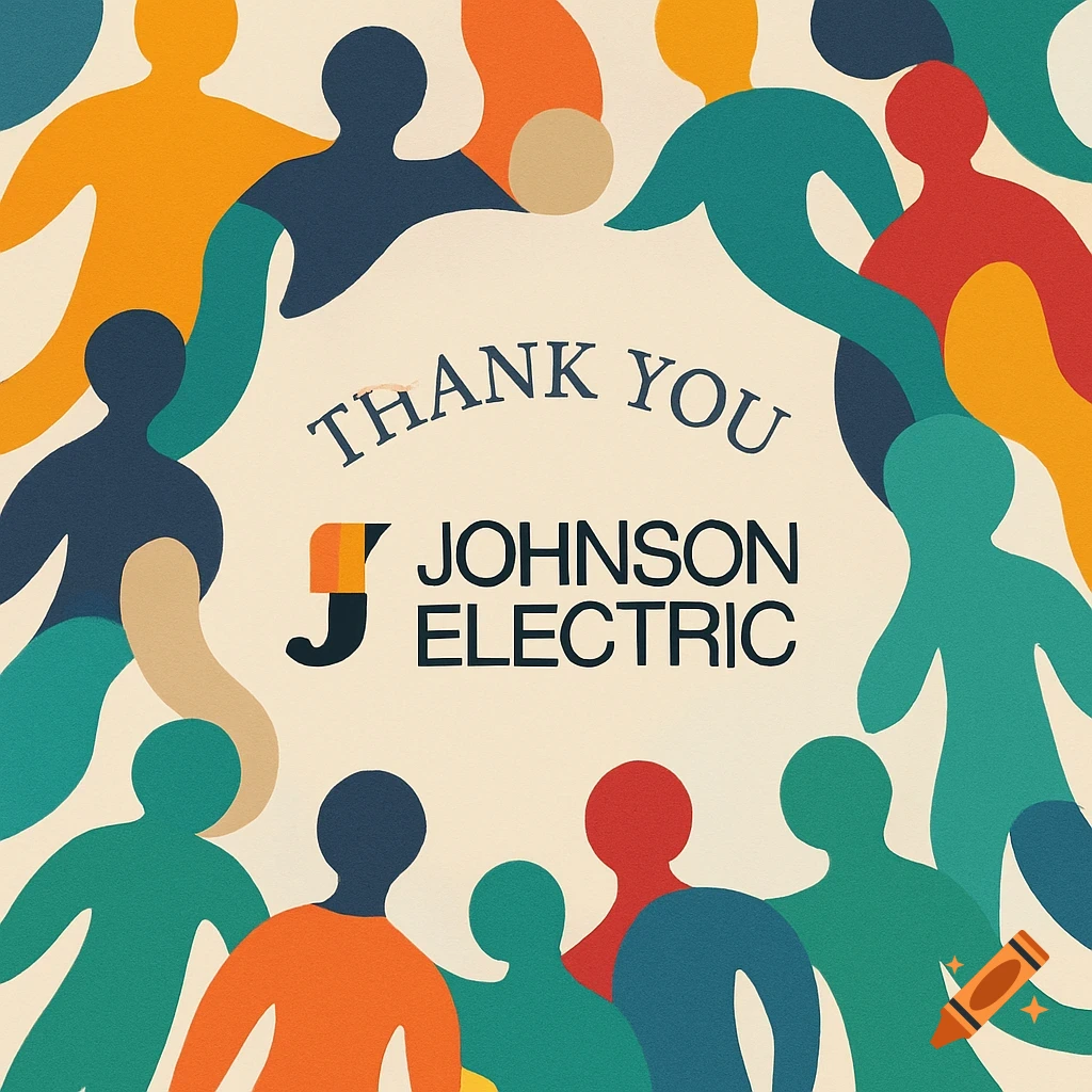 An appreciation card with abstract, colorful human figures surrounding the text "THANK YOU JOHNSON ELECTRIC" and the Johnson Electric logo.