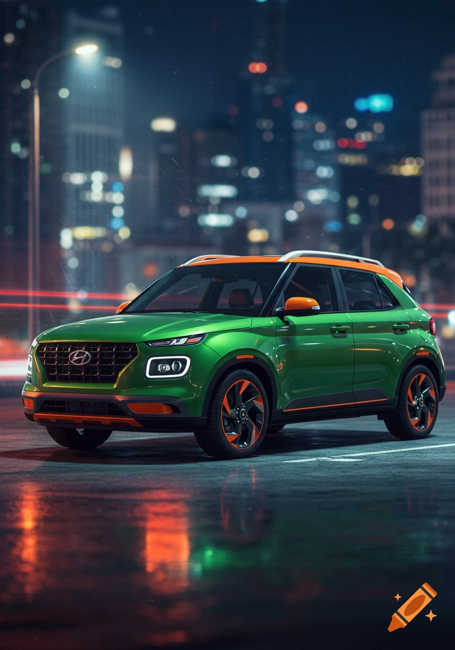 A green Hyundai Venue SUV with orange accents parked on a wet city street at night.