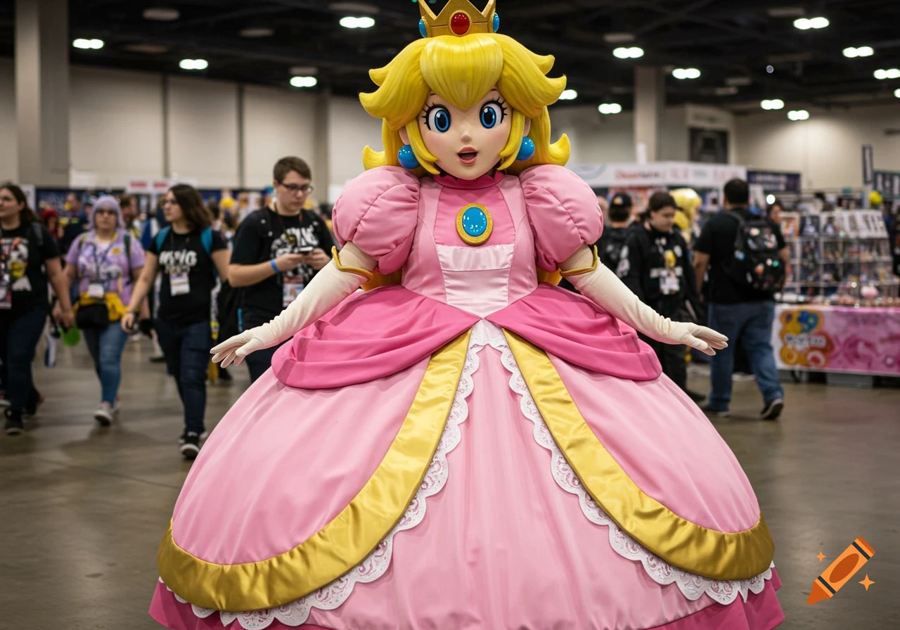 A person in a Princess Peach mascot costume poses at a crowded convention.