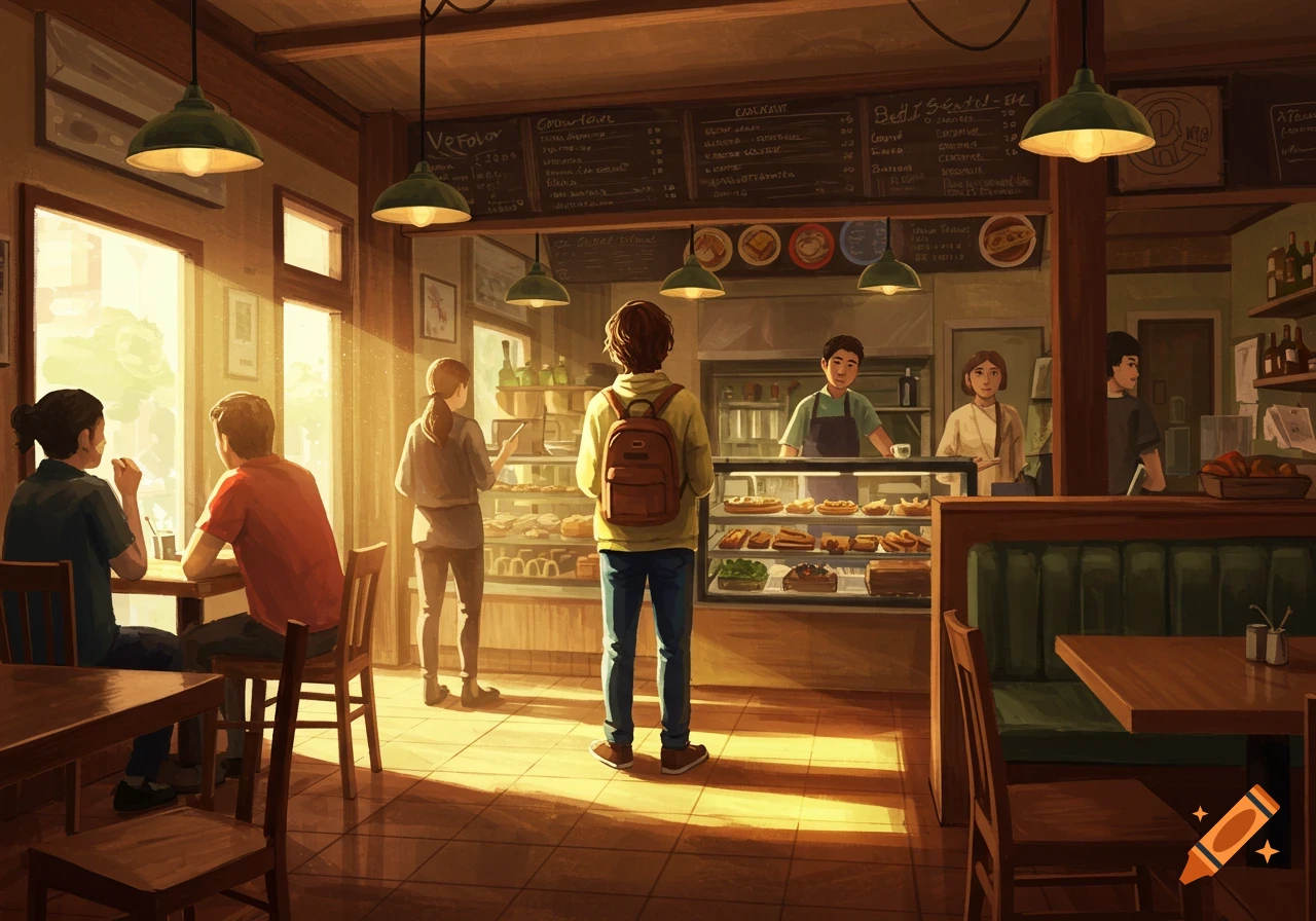 An illustration of a bright cafe interior with customers and staff, featuring a person waiting in line at the counter.