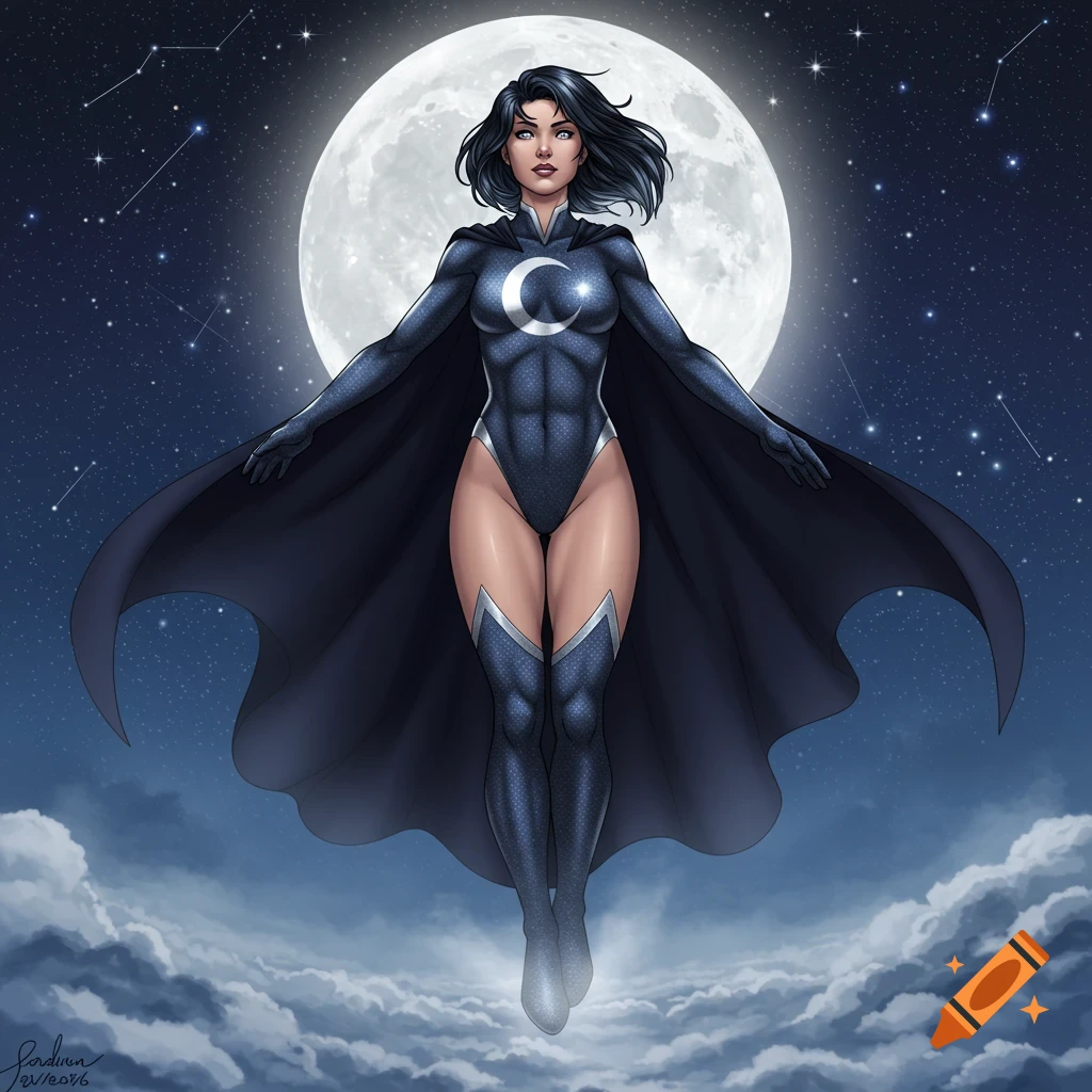 An illustrated female superhero in a dark suit with a crescent symbol and cape, floating against a full moon and starry night sky.