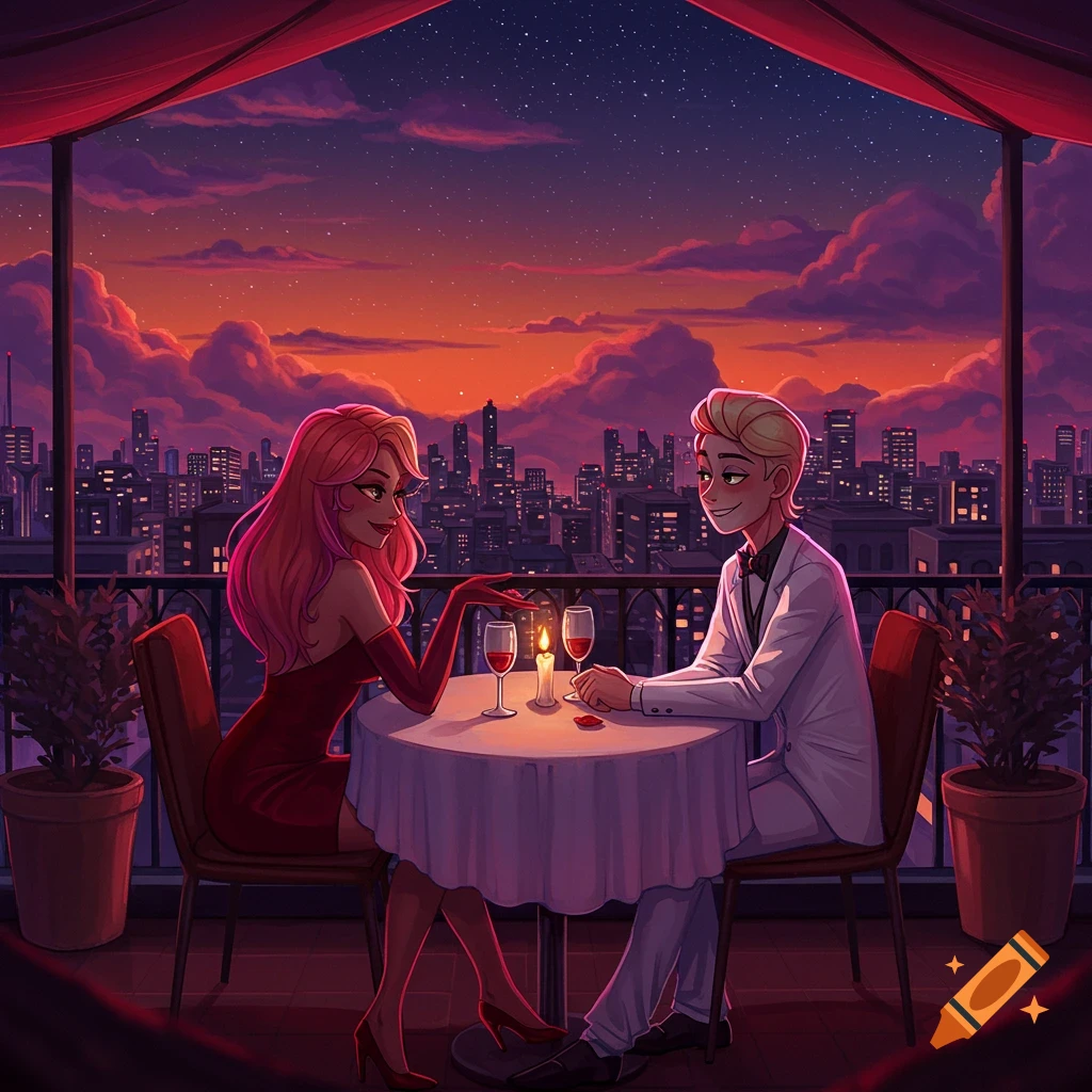 Animated couple on a romantic rooftop date overlooking a city at sunset.