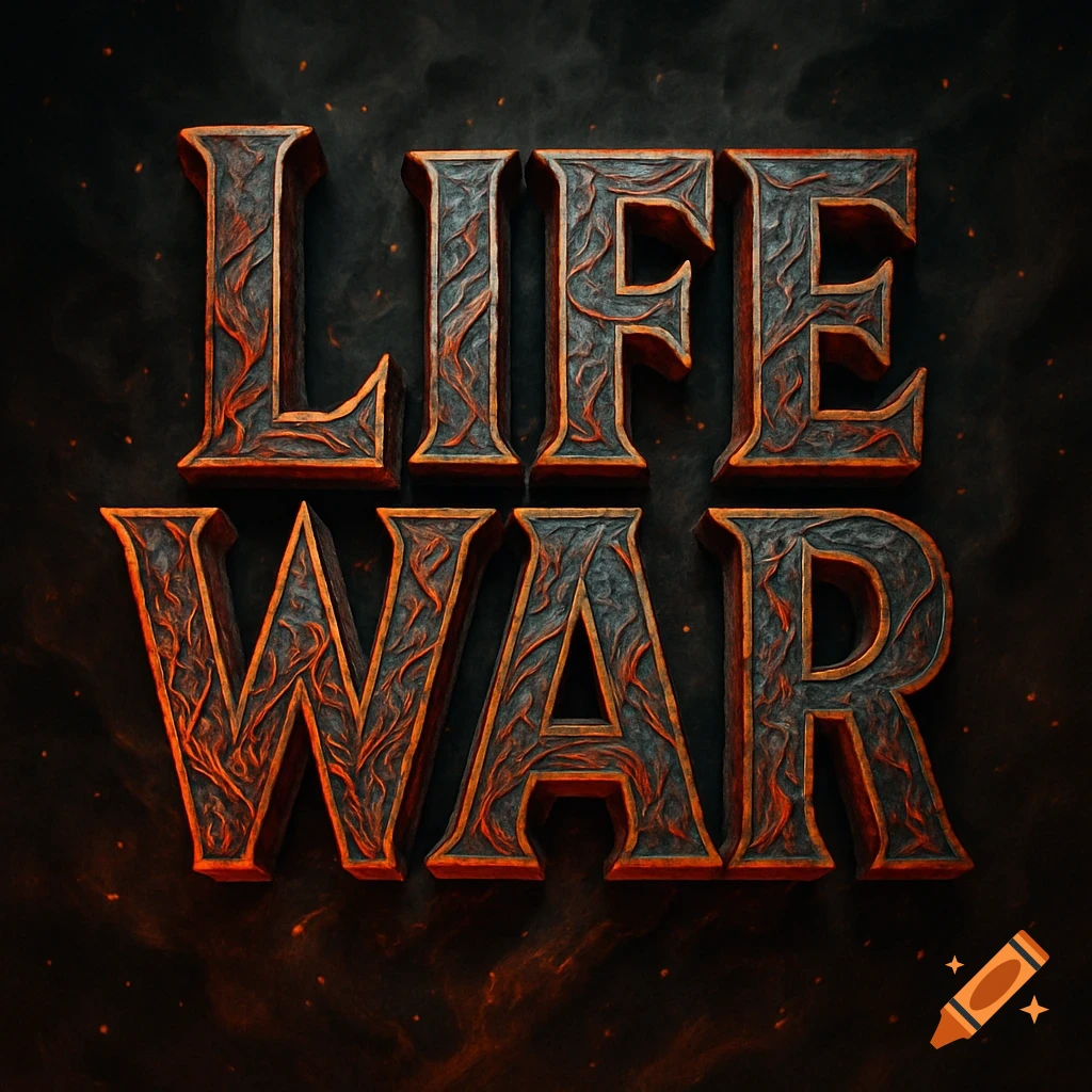 3D text 'LIFE WAR' rendered in a stylized, dark, fiery texture, set against a smoky black background.