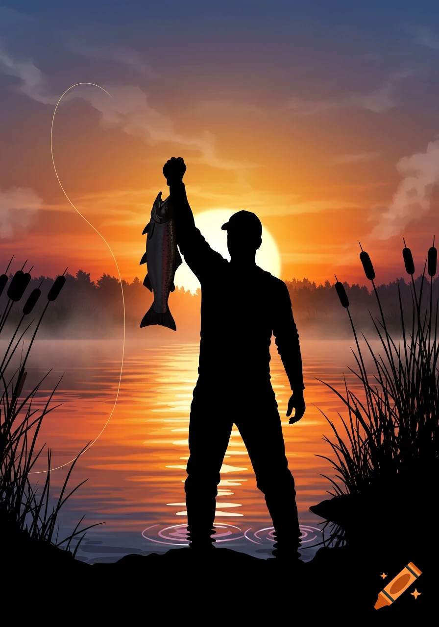 Silhouette of a man holding a fish aloft in excitement at sunset over a lake with reeds.