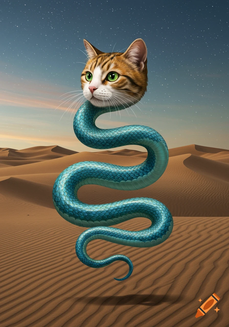 A cat head with green eyes on a turquoise snake body floats above a sandy desert under a starry night sky.