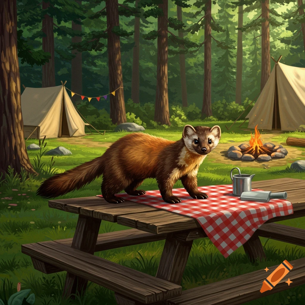 A cute pine marten stands on a red and white checkered picnic cloth on a wooden table in a forest campsite with tents and a campfire.