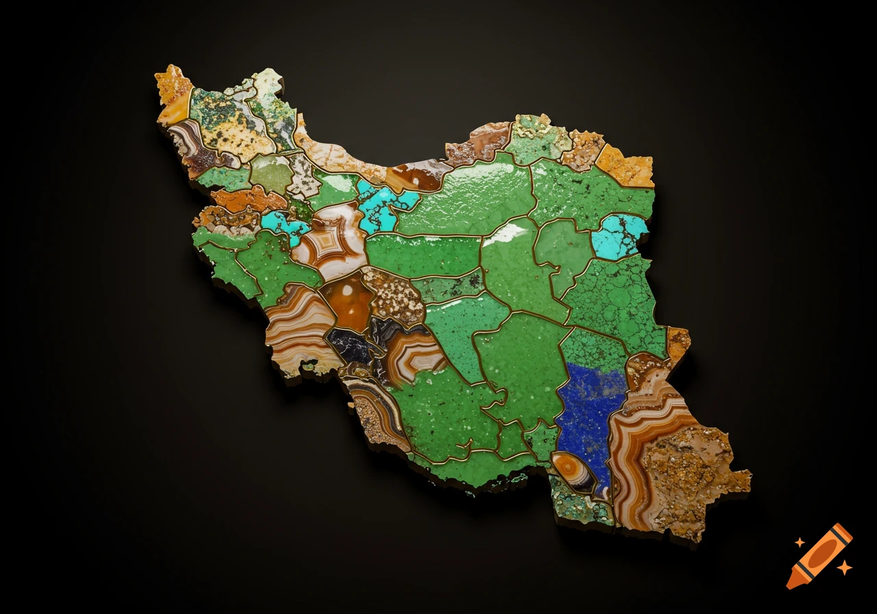 A realistic map of Iran composed of colorful gemstones like turquoise, agate, jade, and lapis lazuli on a dark background.
