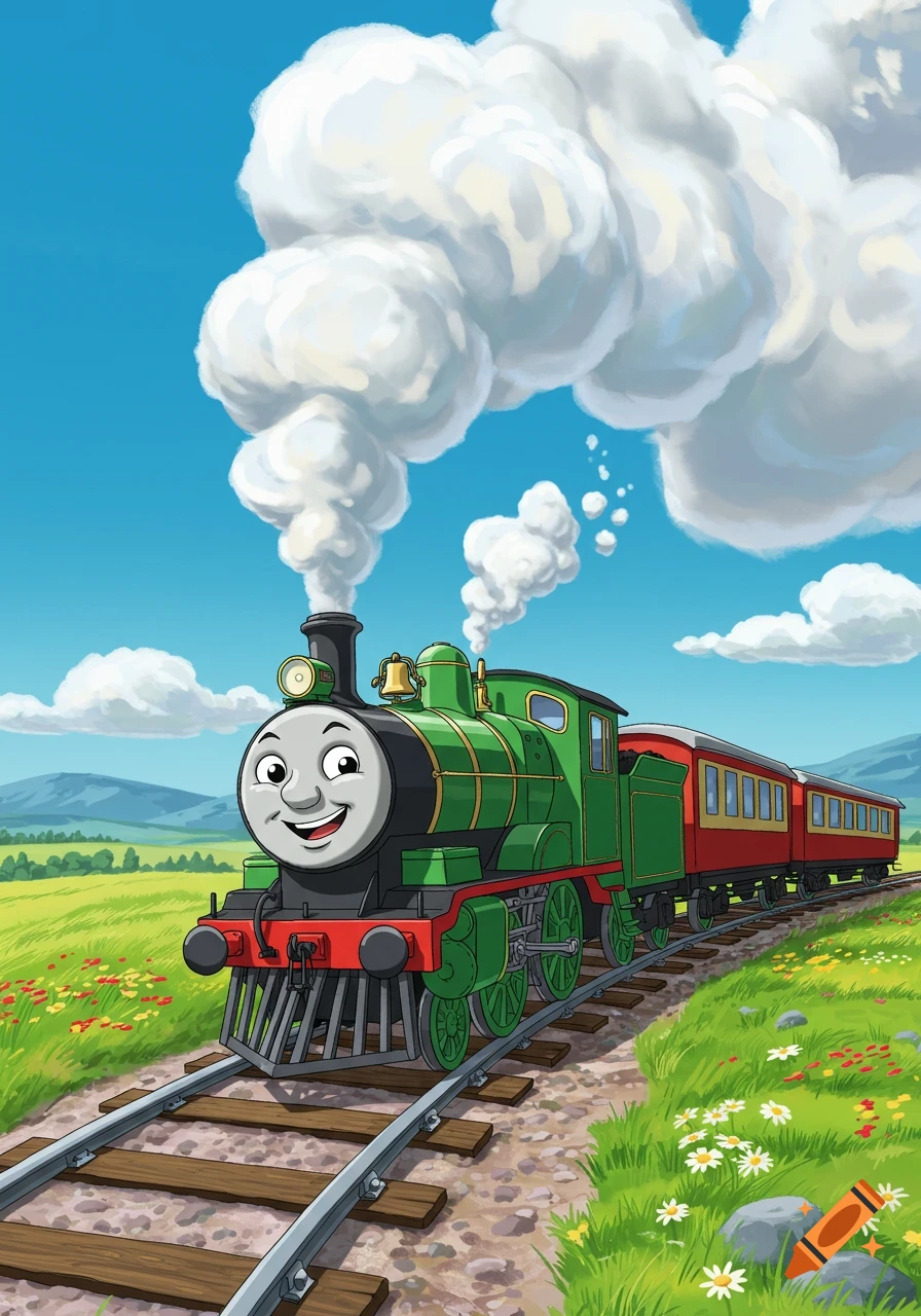 A friendly green cartoon train with a red passenger car emits white smoke as it travels through a vibrant green field under a blue sky.
