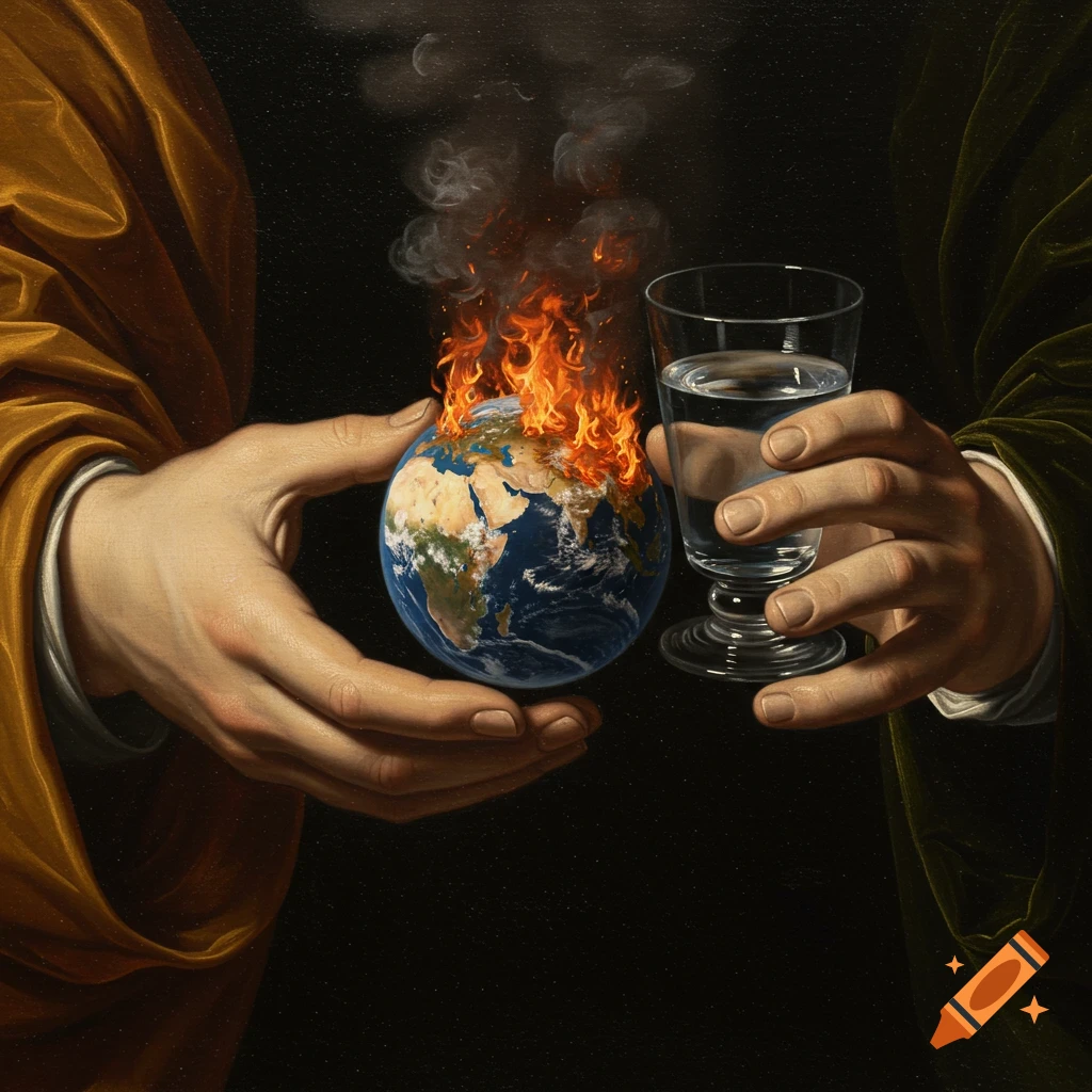 Dutch Renaissance oil painting of one hand holding a burning Earth, and another hand holding a glass of water.