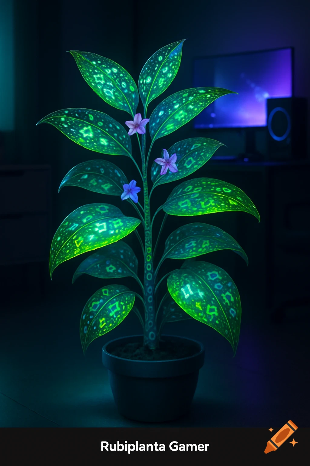 A glowing, neon-green plant with purple flowers sits in a pot, with a gaming monitor and speaker subtly lit in a dark room.