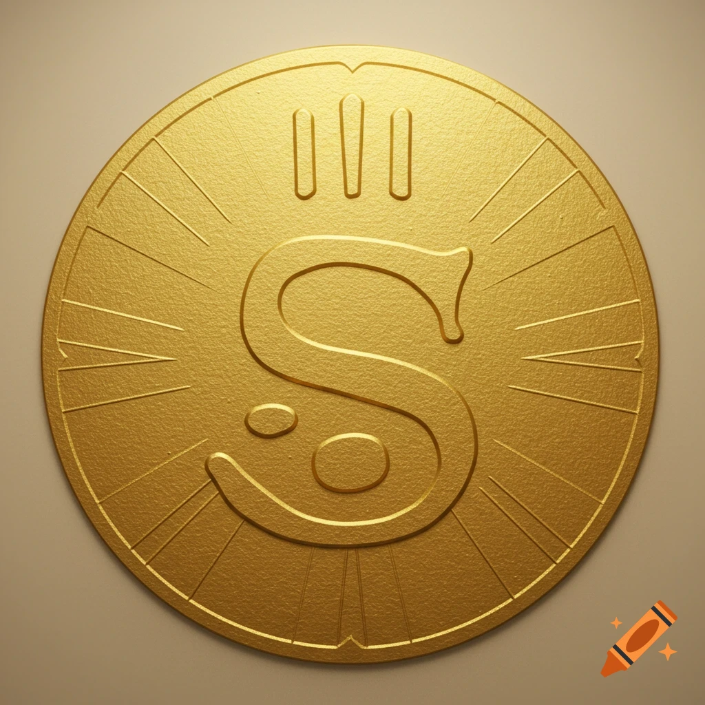 A shiny gold coin or emblem with a large stylized 'S' in the center and three vertical bars above it.
