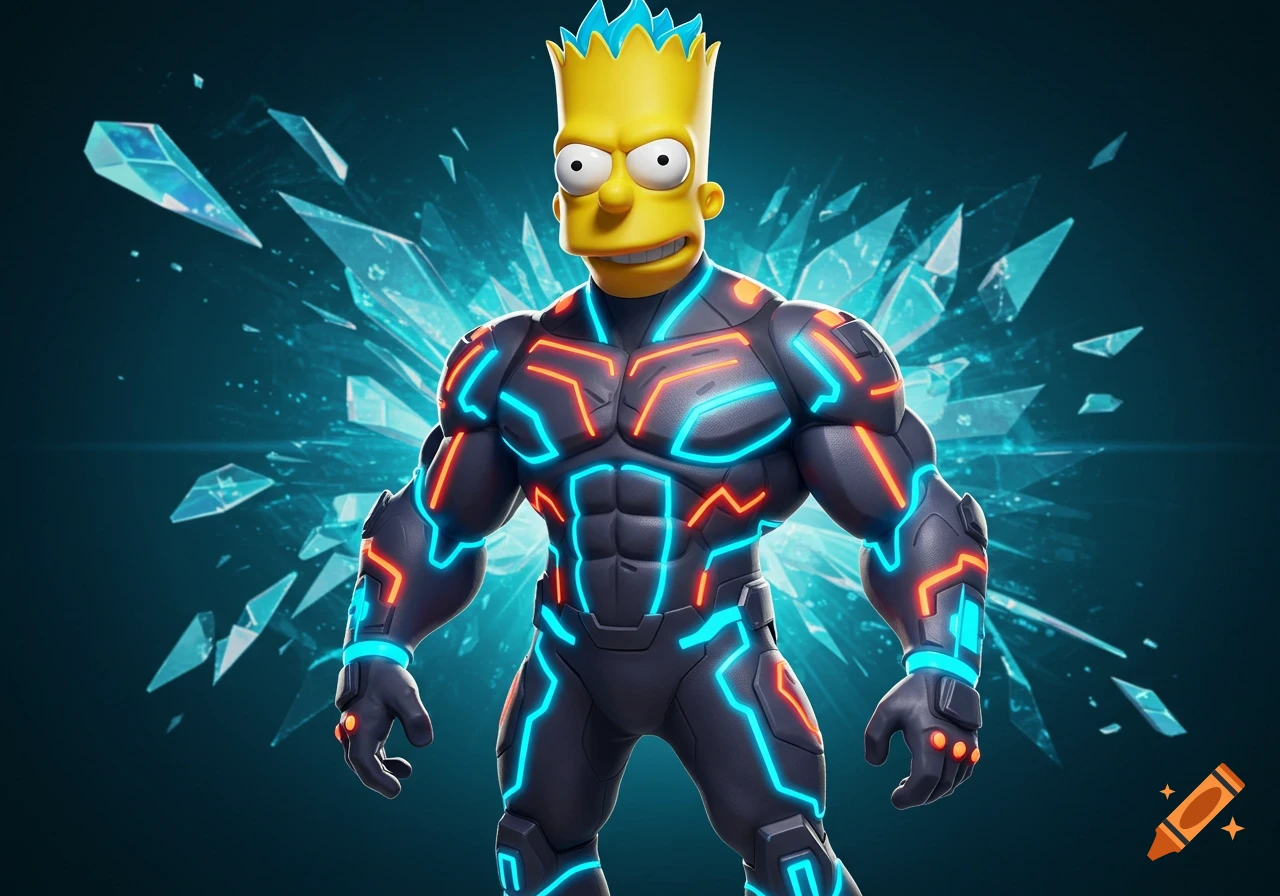 Bart Simpson with an adult muscular body in a dark suit with glowing blue and orange lines, against a background of shattered ice.