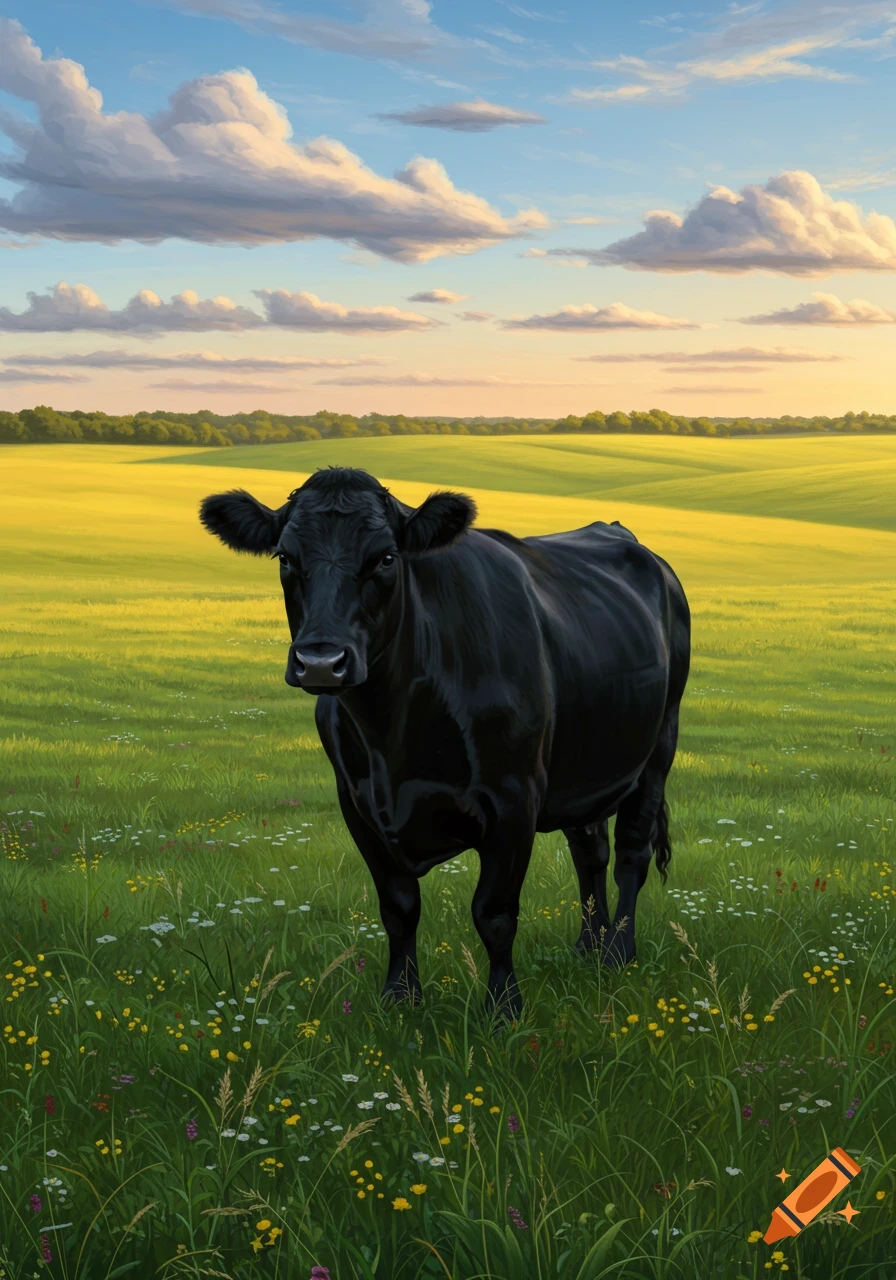 A black cow stands in a vibrant green and yellow field dotted with wildflowers under a partly cloudy sky.